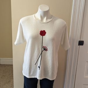 Vintage Tanjay white sweater with red and black embroidery flower size M